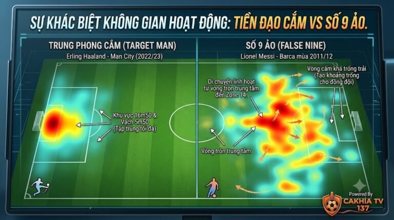 Bản đồ nhiệt phân tích sự khác biệt không gian hoạt động giữa Tiền đạo cắm (Erling Haaland) và Số 9 ảo (Lionel Messi).