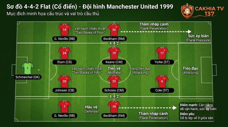 Cấu trúc sơ đồ 4-4-2 cổ điển (Flat) được mô phỏng qua đội hình Manchester United năm 1999 với bộ đôi tiền đạo Dwight Yorke và Andy Cole.