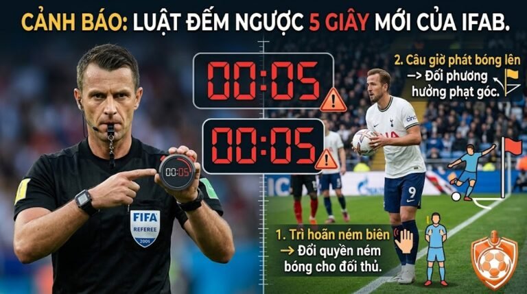Trọng tài áp dụng luật đếm ngược 5 giây chống câu giờ của IFAB đối với các tình huống ném biên và phát bóng lên.