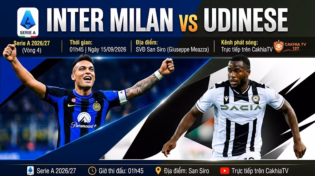 Nhận định bóng đá Inter Milan vs Udinese vòng 4 Serie A 2026/27, trực tiếp lúc 01h45 ngày 15/9 trên CakhiaTV.