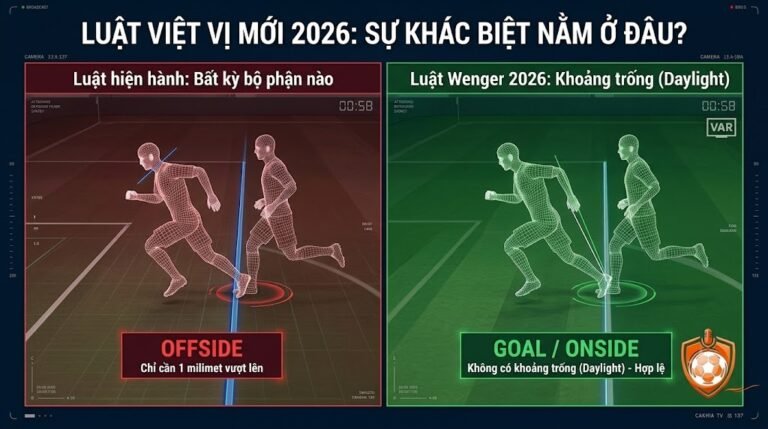 Đồ họa VAR phân tích trực quan sự khác biệt giữa luật việt vị hiện hành và luật việt vị mới (luật Wenger 2026) dựa trên khoảng trống daylight.