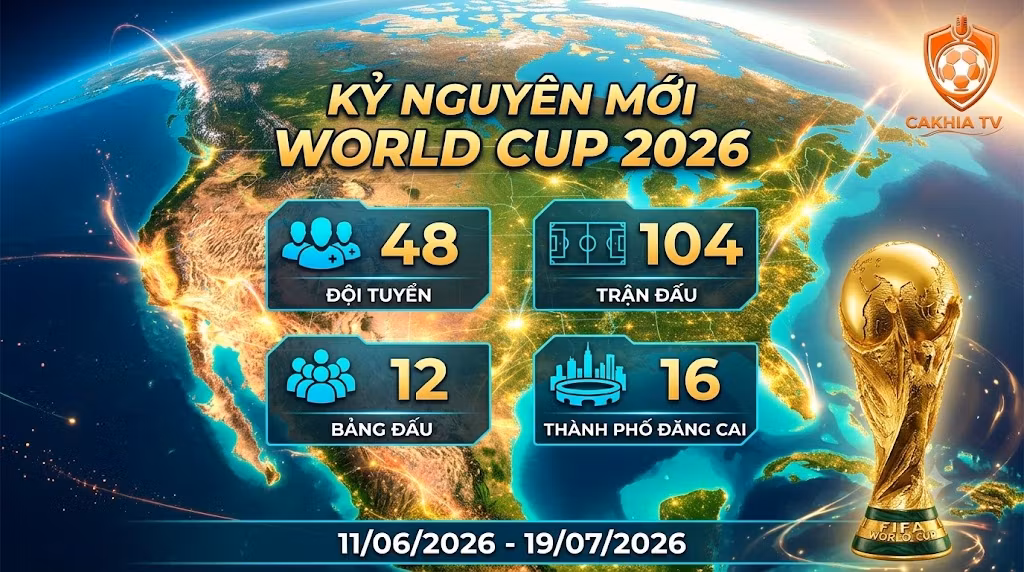 Toàn cảnh thể thức World Cup 2026 mới nhất với 48 đội tuyển, 104 trận đấu và 12 bảng đấu cập nhật trên CakhiaTV.